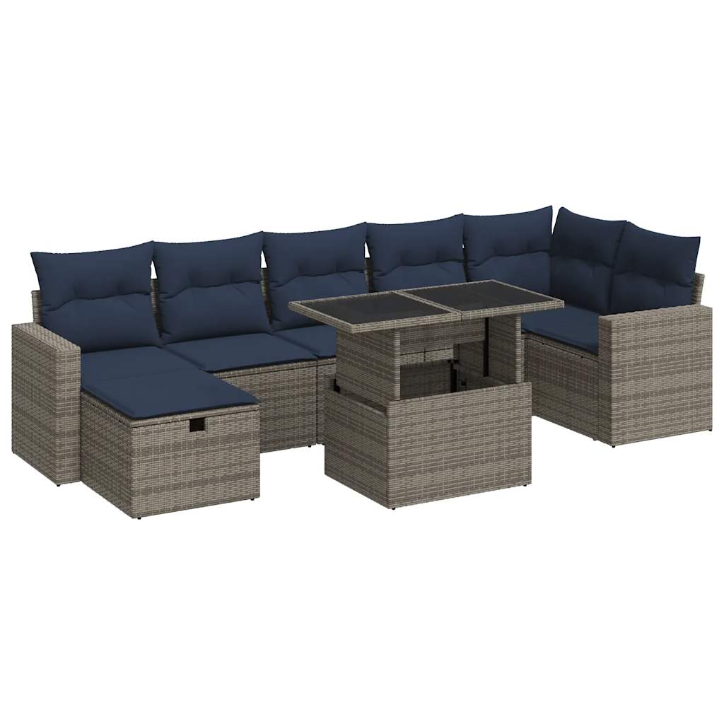 8 részes szürke polyrattan akácfa kerti ülőgarnitúra párnákkal