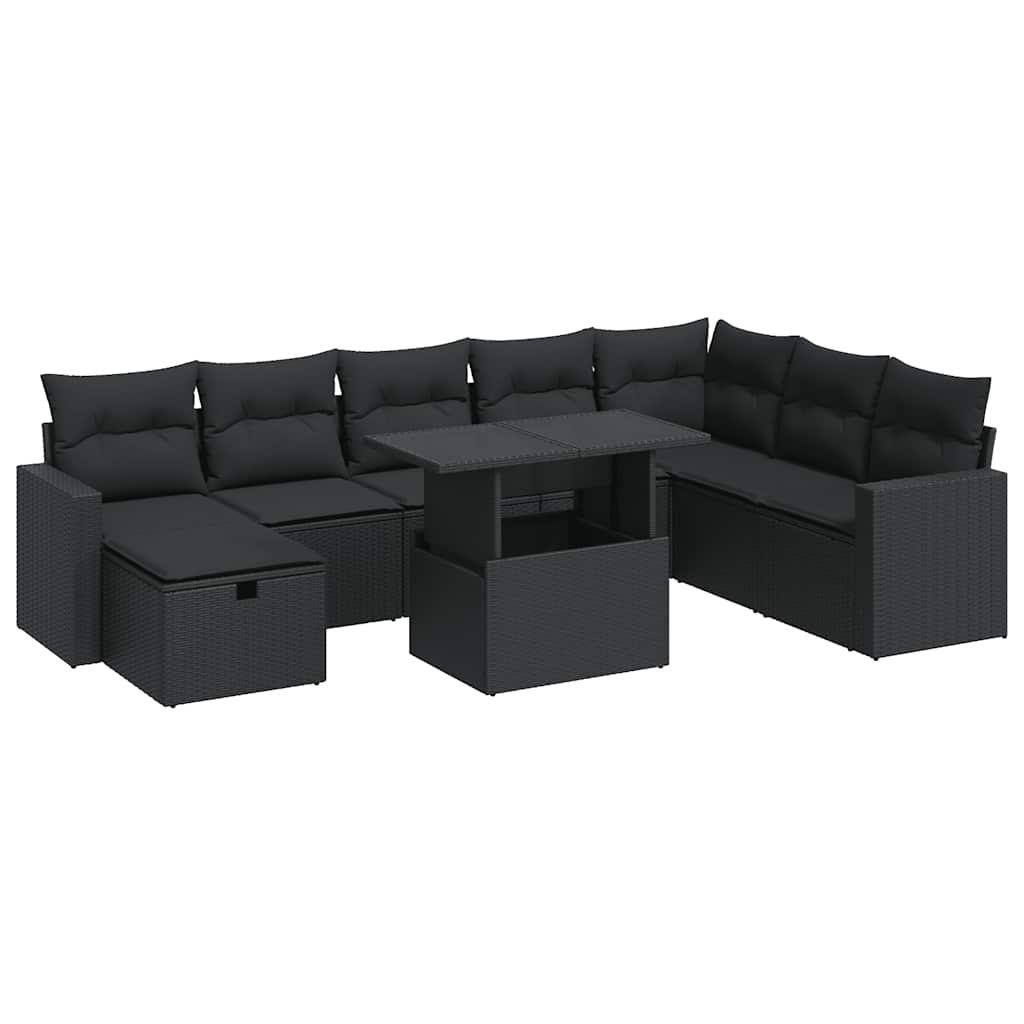 9 részes fekete polyrattan kerti ülőgarnitúra párnákkal