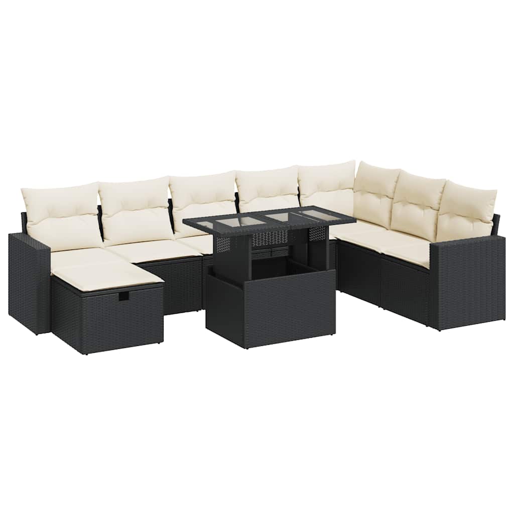 9 részes fekete polyrattan kerti ülőgarnitúra párnákkal