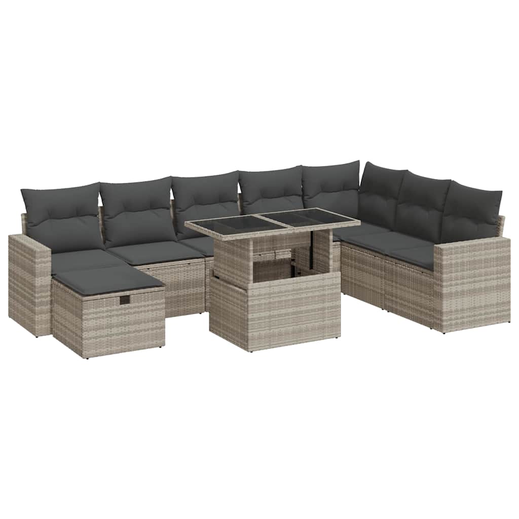 9 részes világosszürke polyrattan kerti ülőgarnitúra párnával