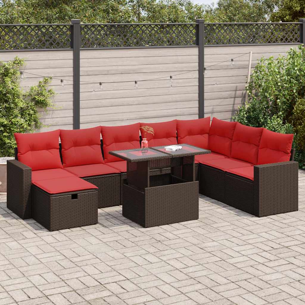 9 részes barna polyrattan akácfa kerti ülőgarnitúra párnákkal