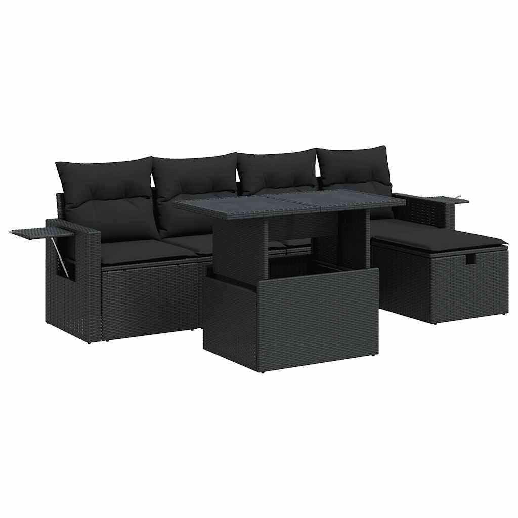6 részes fekete polyrattan kerti ülőgarnitúra párnákkal