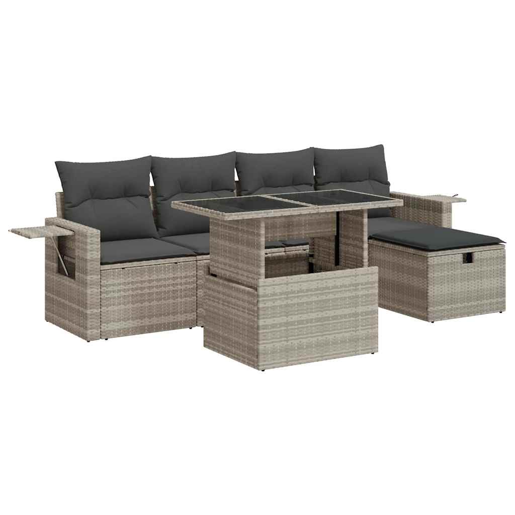 6 részes világosszürke polyrattan kerti ülőgarnitúra párnákkal