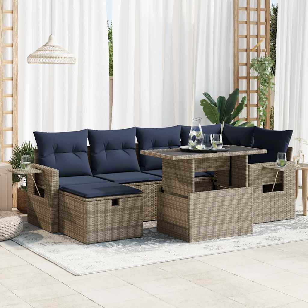 7 részes szürke polyrattan akácfa kerti ülőgarnitúra párnákkal