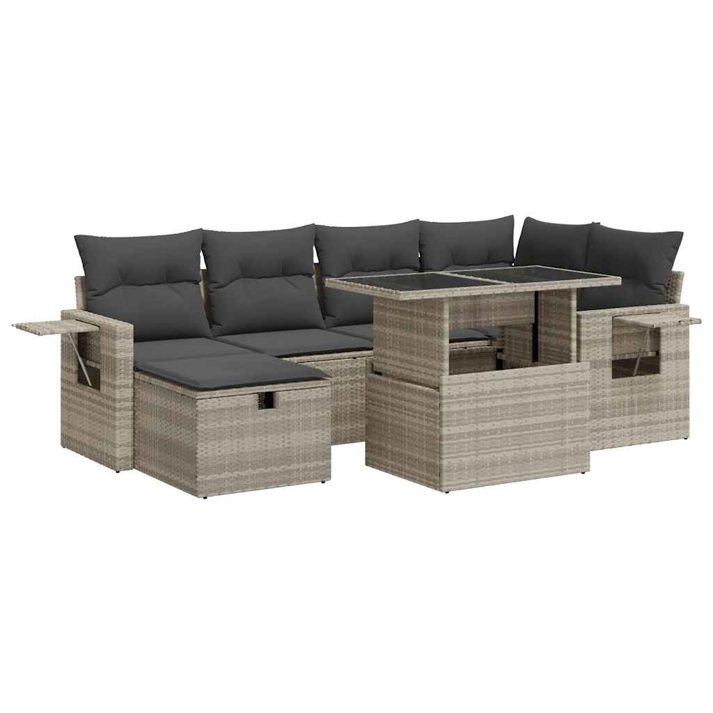 7 részes világosszürke polyrattan kerti ülőgarnitúra párnákkal