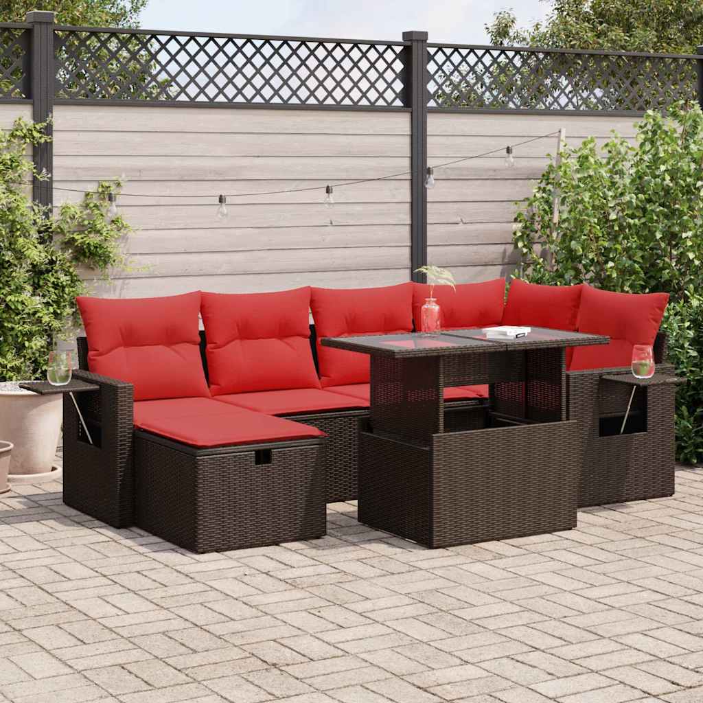 7 részes barna polyrattan akácfa kerti ülőgarnitúra párnával