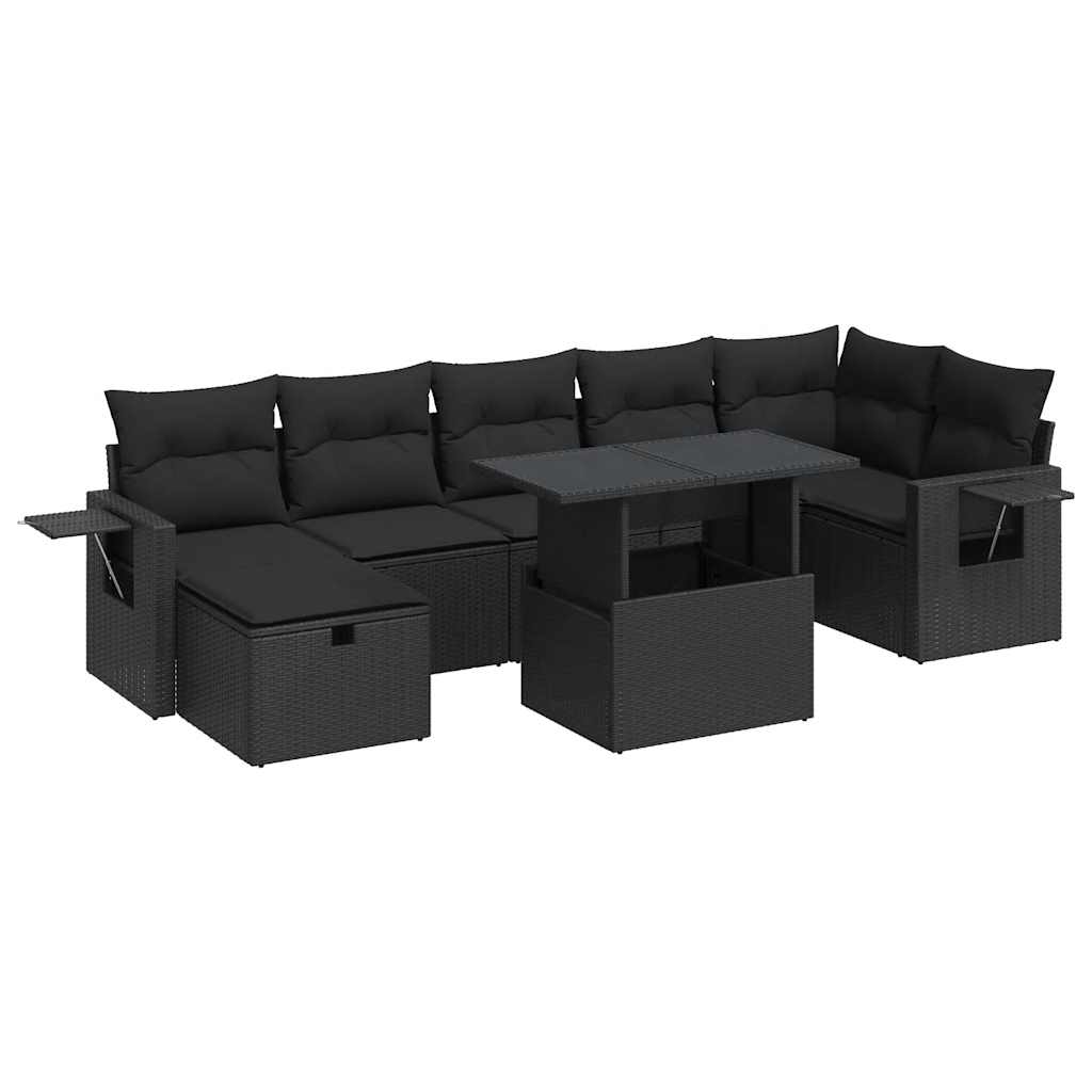 8 részes fekete polyrattan kerti ülőgarnitúra párnákkal