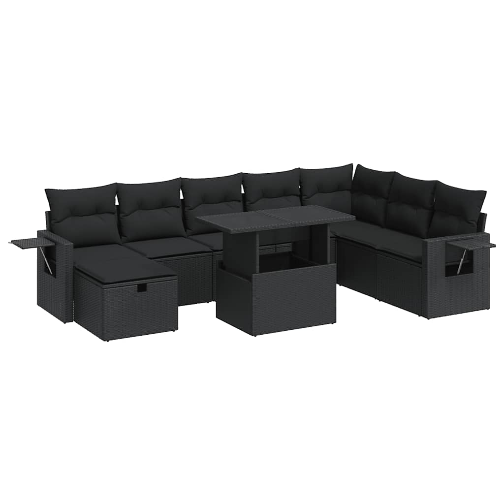 9 részes fekete polyrattan kerti ülőgarnitúra párnákkal