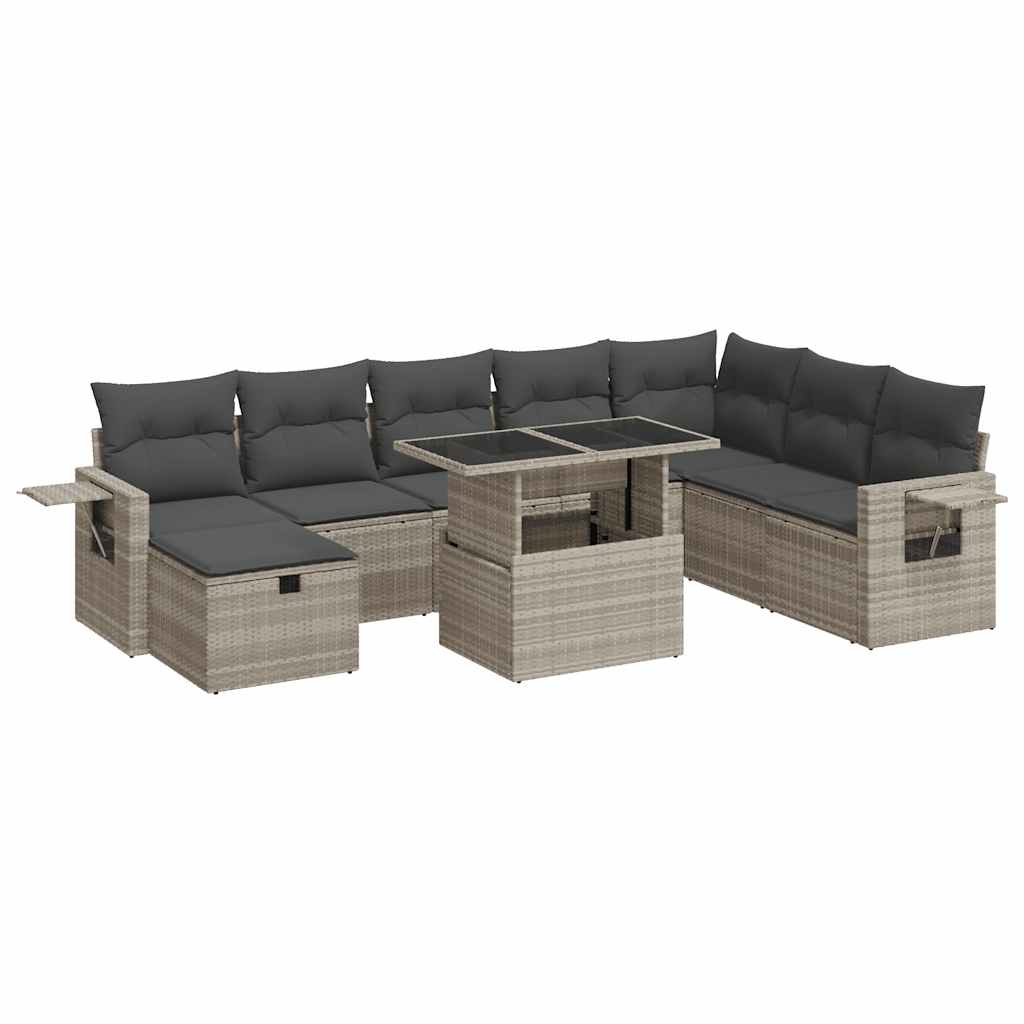 9 részes világosszürke polyrattan kerti ülőgarnitúra párnával