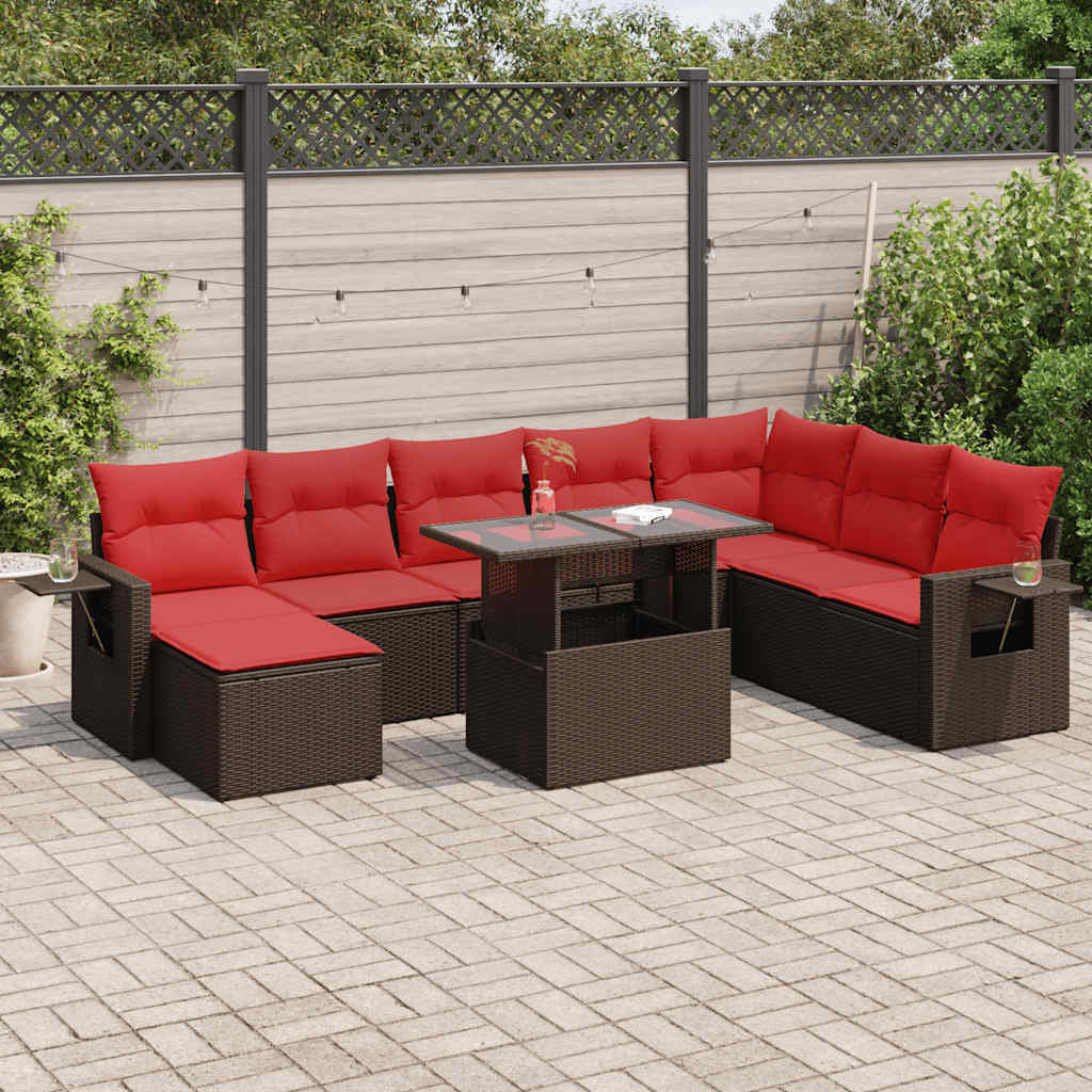 9 részes barna polyrattan akácfa kerti ülőgarnitúra párnákkal