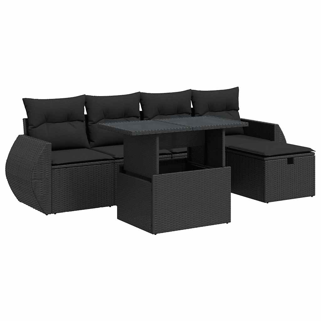 6 részes fekete polyrattan kerti ülőgarnitúra párnákkal