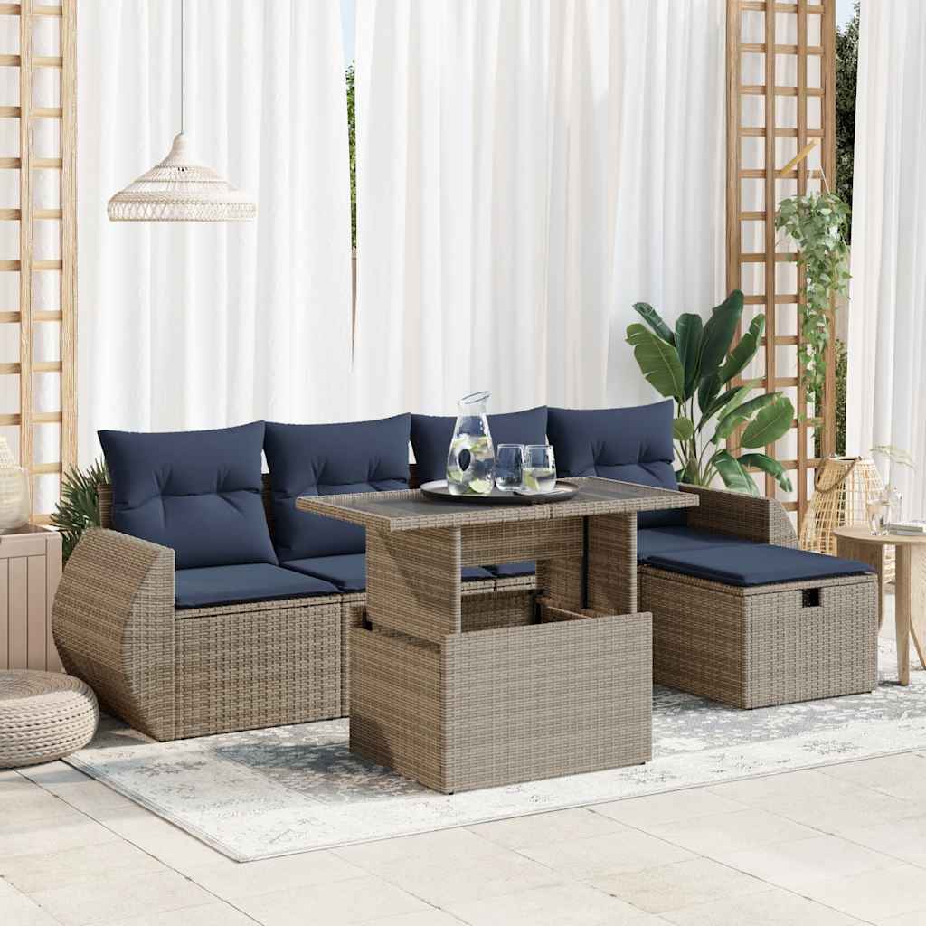 6 részes szürke polyrattan akácfa kerti ülőgarnitúra párnával