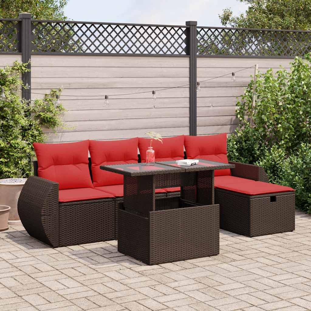 6 részes barna polyrattan akácfa kerti ülőgarnitúra párnákkal