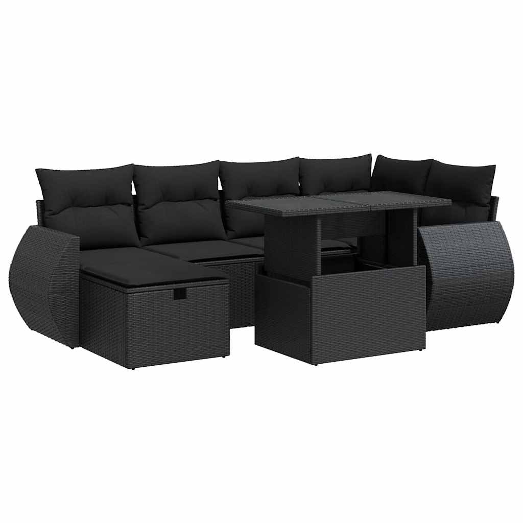 7 részes fekete polyrattan kerti ülőgarnitúra párnával