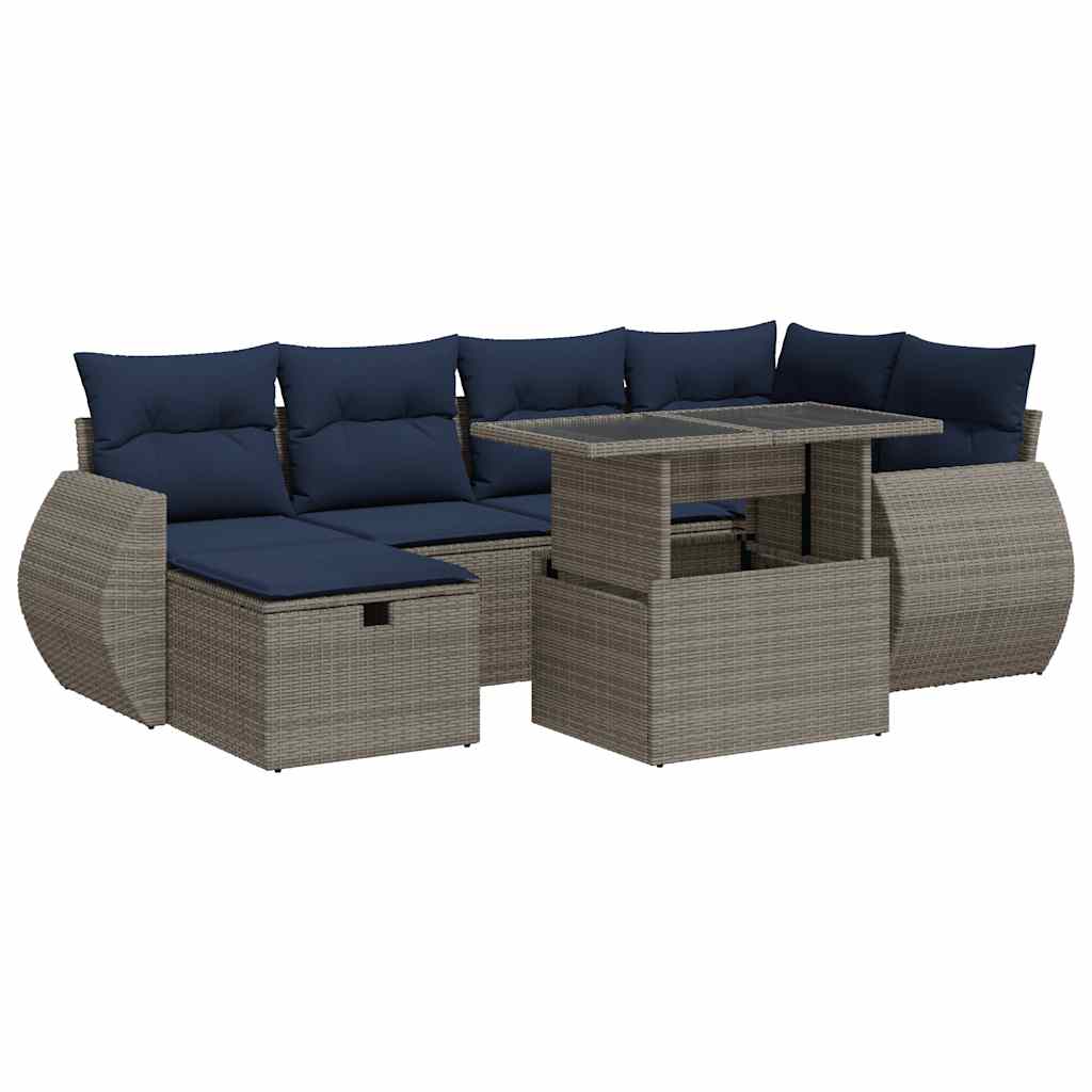 7 részes szürke polyrattan akácfa kerti ülőgarnitúra párnákkal