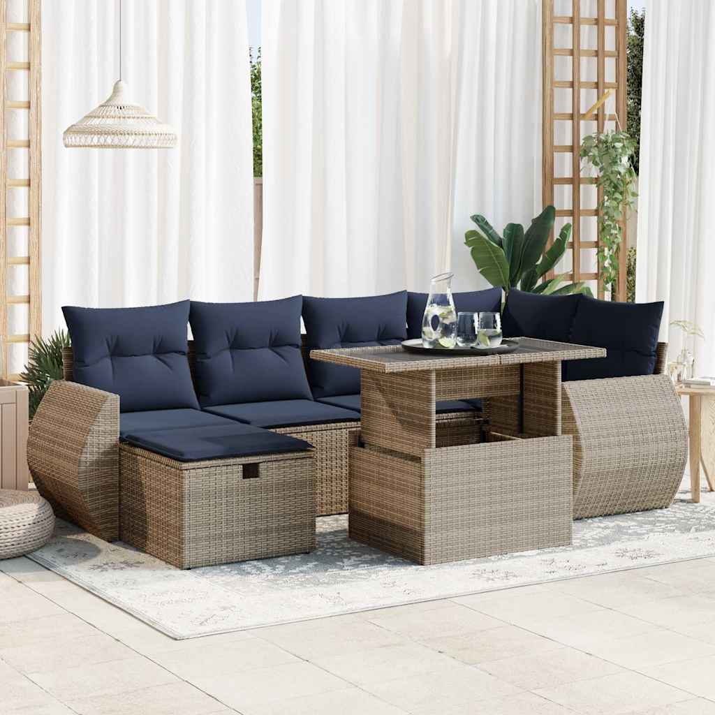 7 részes szürke polyrattan akácfa kerti ülőgarnitúra párnákkal