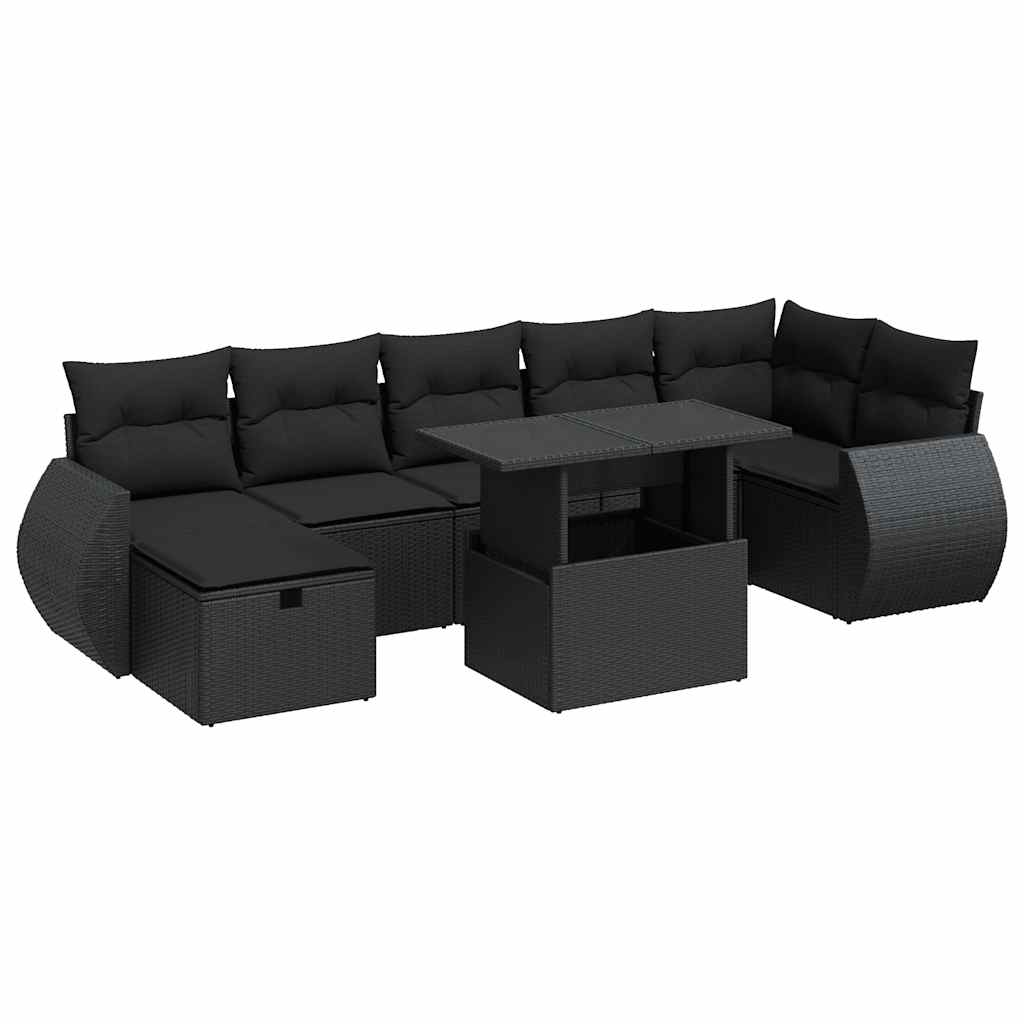 8 részes fekete polyrattan kerti ülőgarnitúra párnákkal