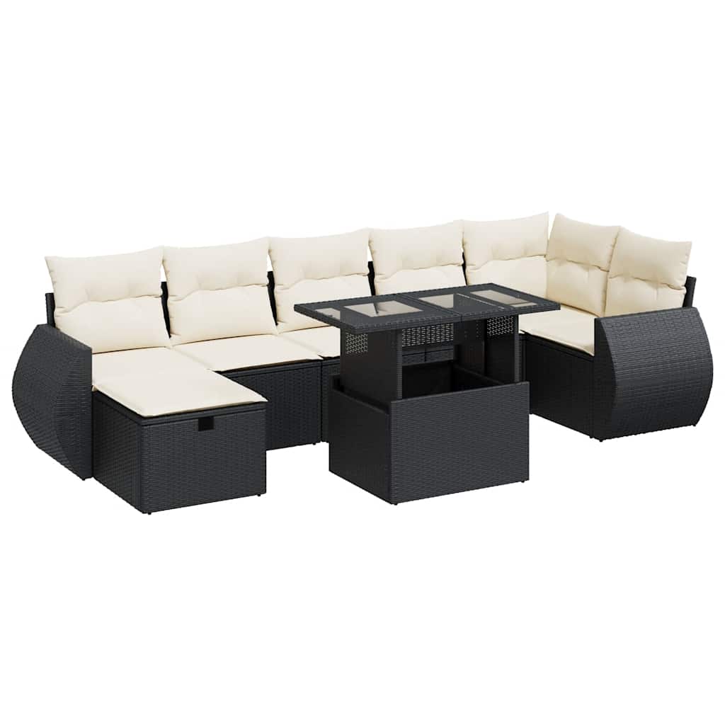 8 részes fekete polyrattan kerti ülőgarnitúra párnákkal