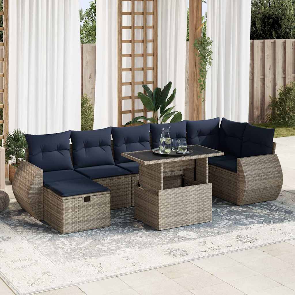 8 részes szürke polyrattan akácfa kerti ülőgarnitúra párnákkal