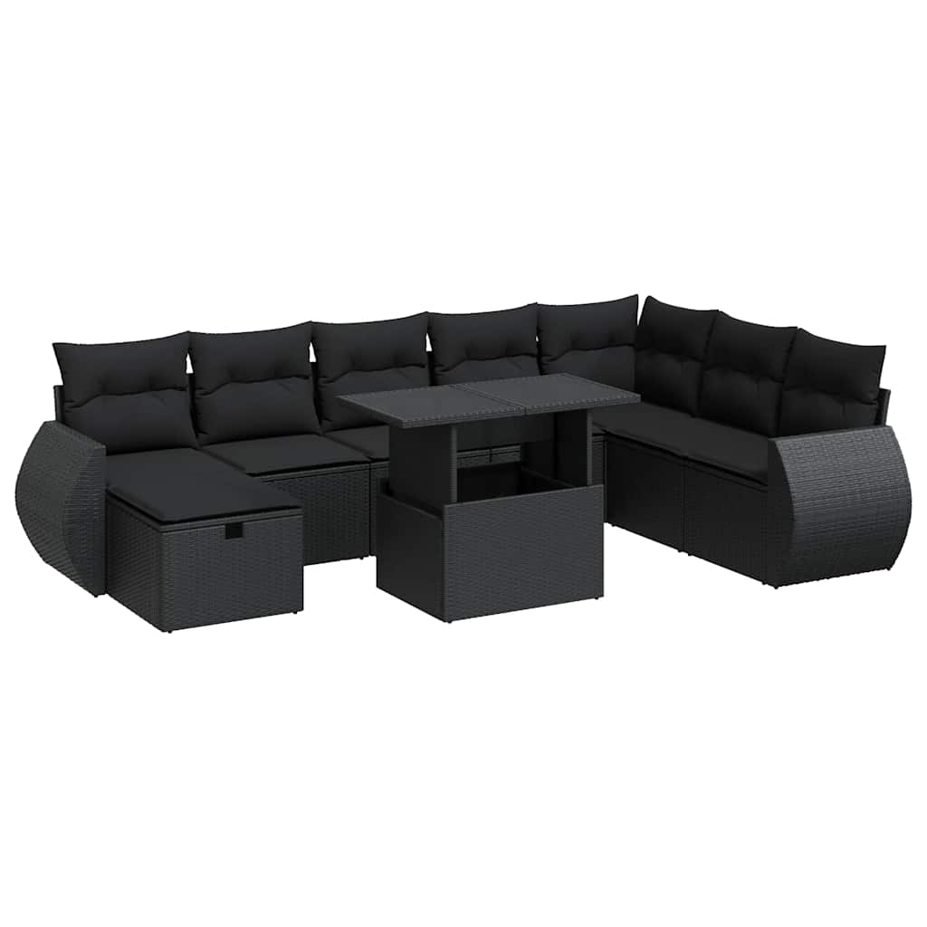 9 részes fekete polyrattan kerti ülőgarnitúra párnákkal