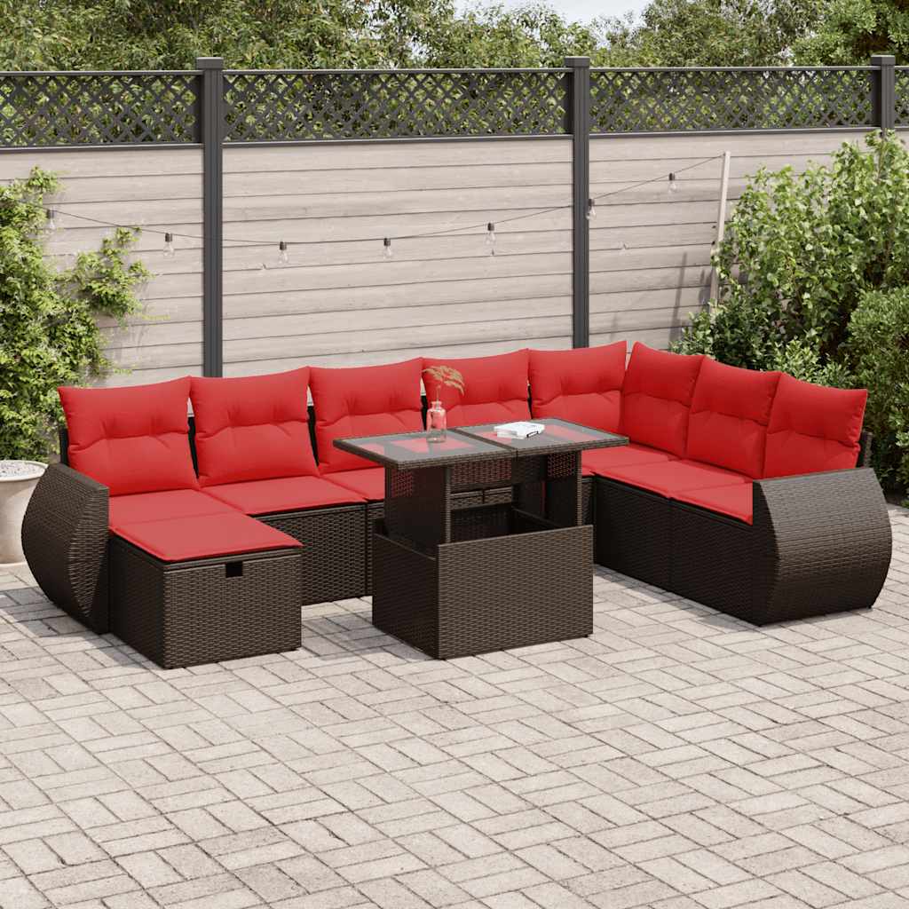 9 részes fekete polyrattan akácfa kerti ülőgarnitúra párnákkal