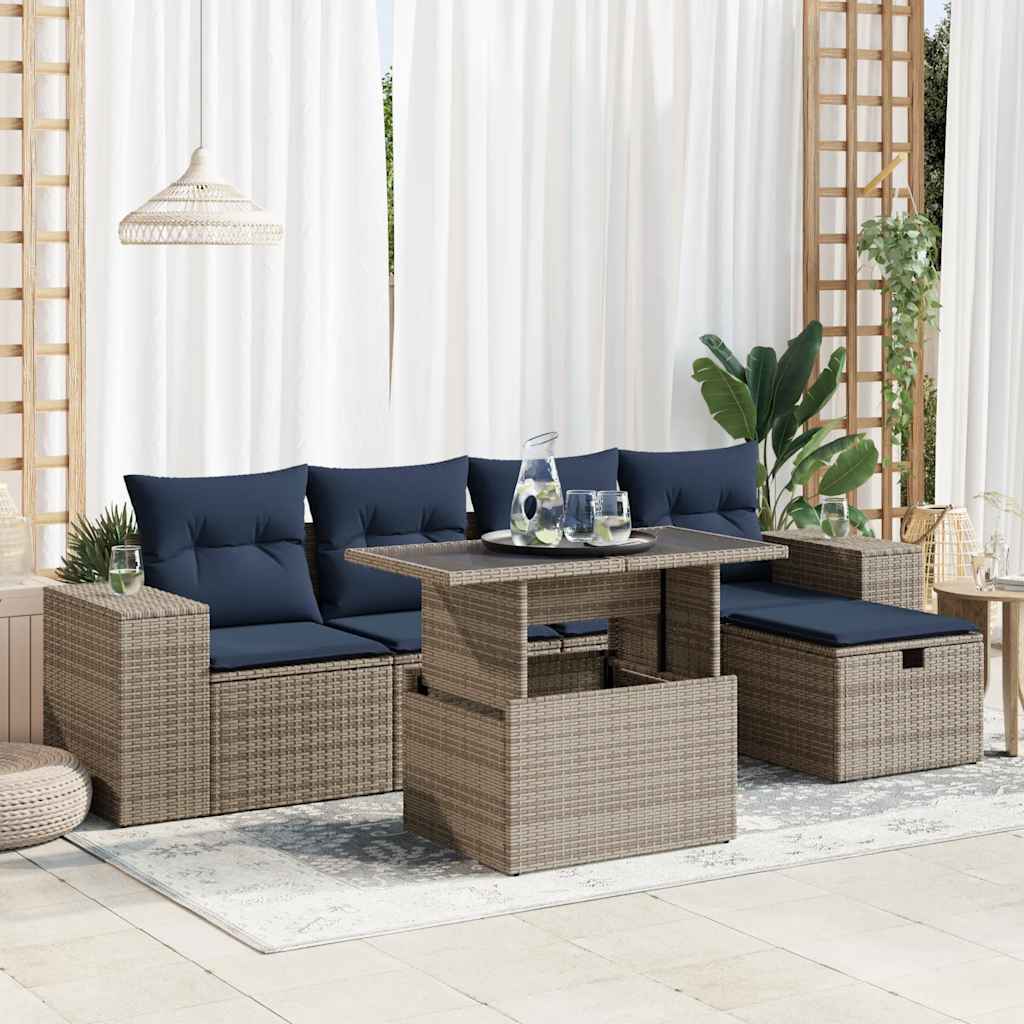 6 részes barna polyrattan akácfa kerti ülőgarnitúra párnával
