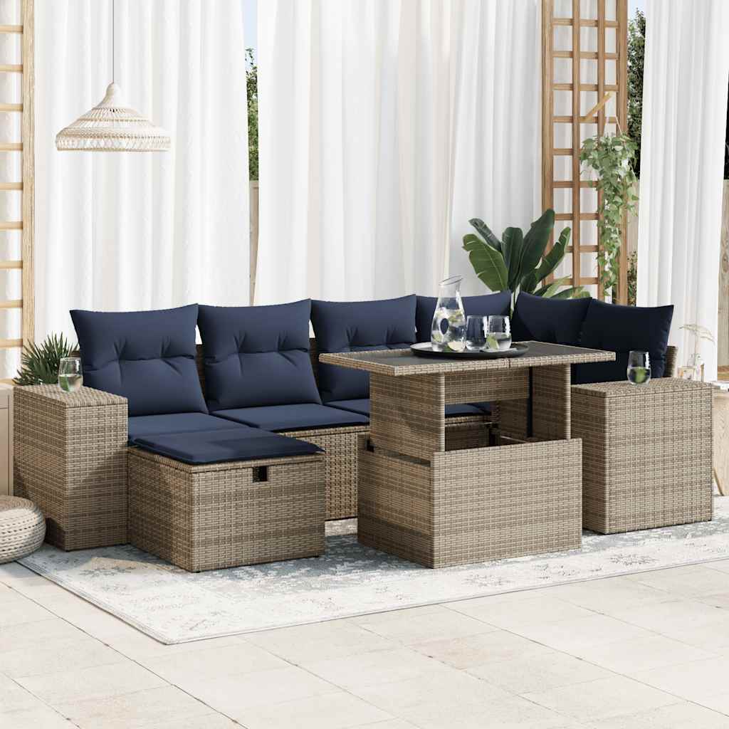 7 részes barna polyrattan akácfa kerti ülőgarnitúra párnákkal
