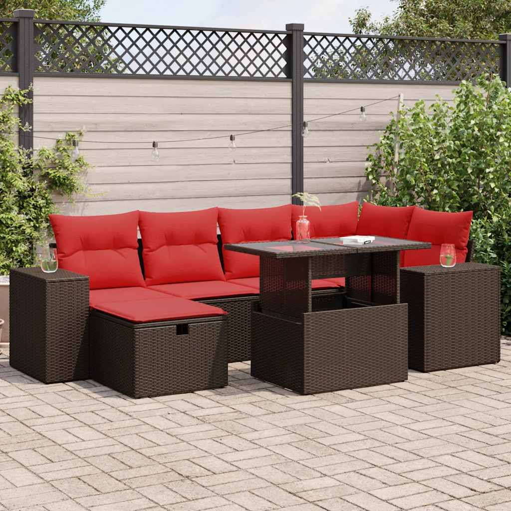 7 részes fekete polyrattan akácfa kerti ülőgarnitúra párnával