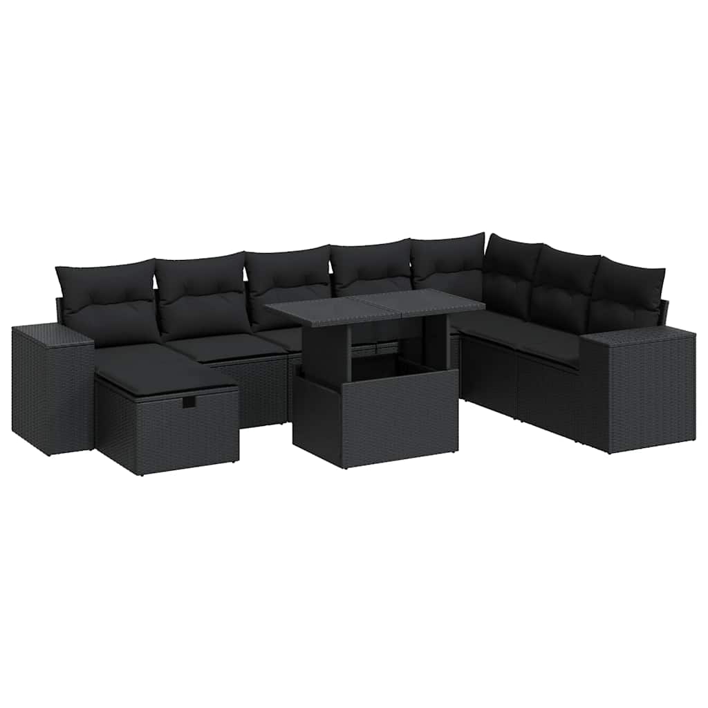 9 részes fekete polyrattan kerti ülőgarnitúra párnákkal