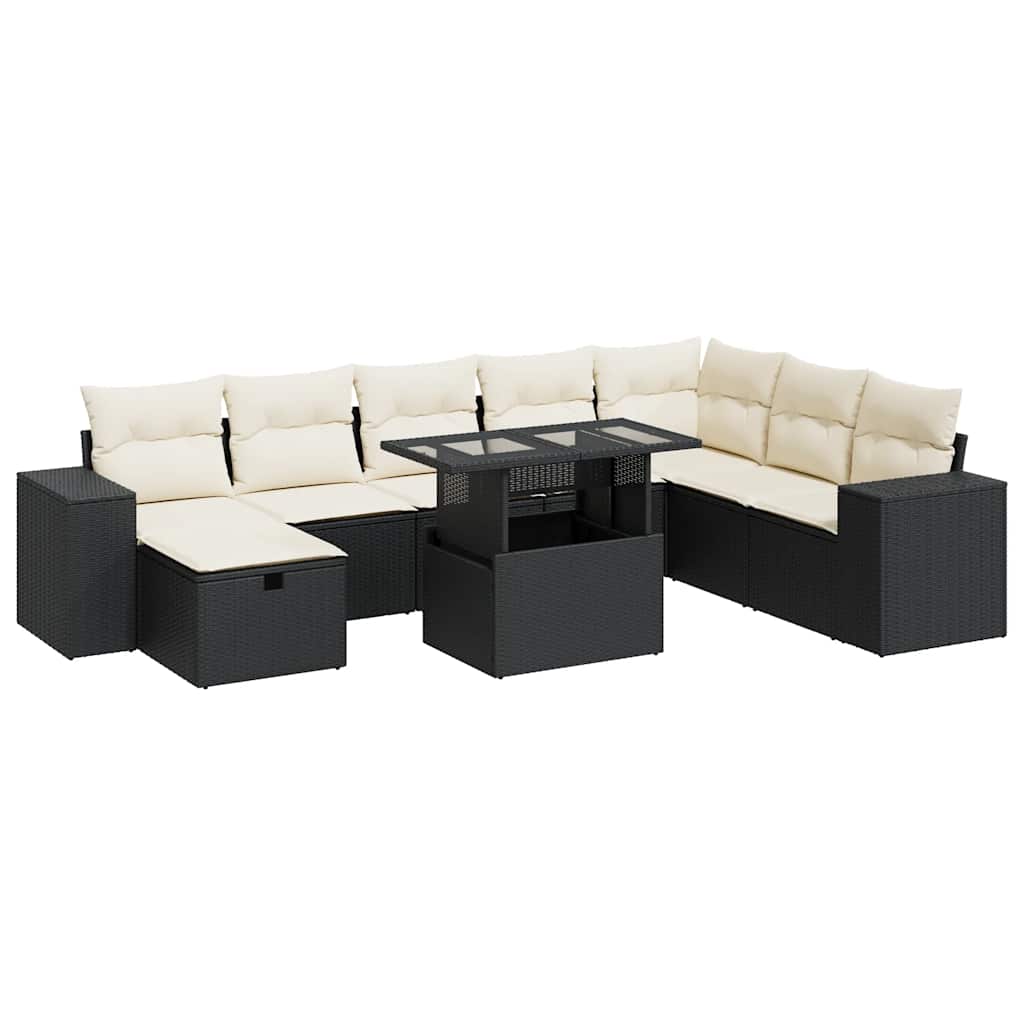 9 részes fekete polyrattan kerti ülőgarnitúra párnákkal