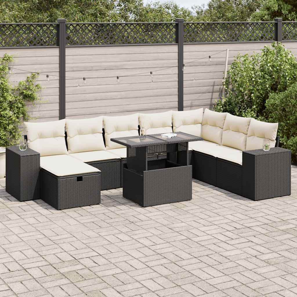 9 részes fekete polyrattan kerti ülőgarnitúra párnákkal