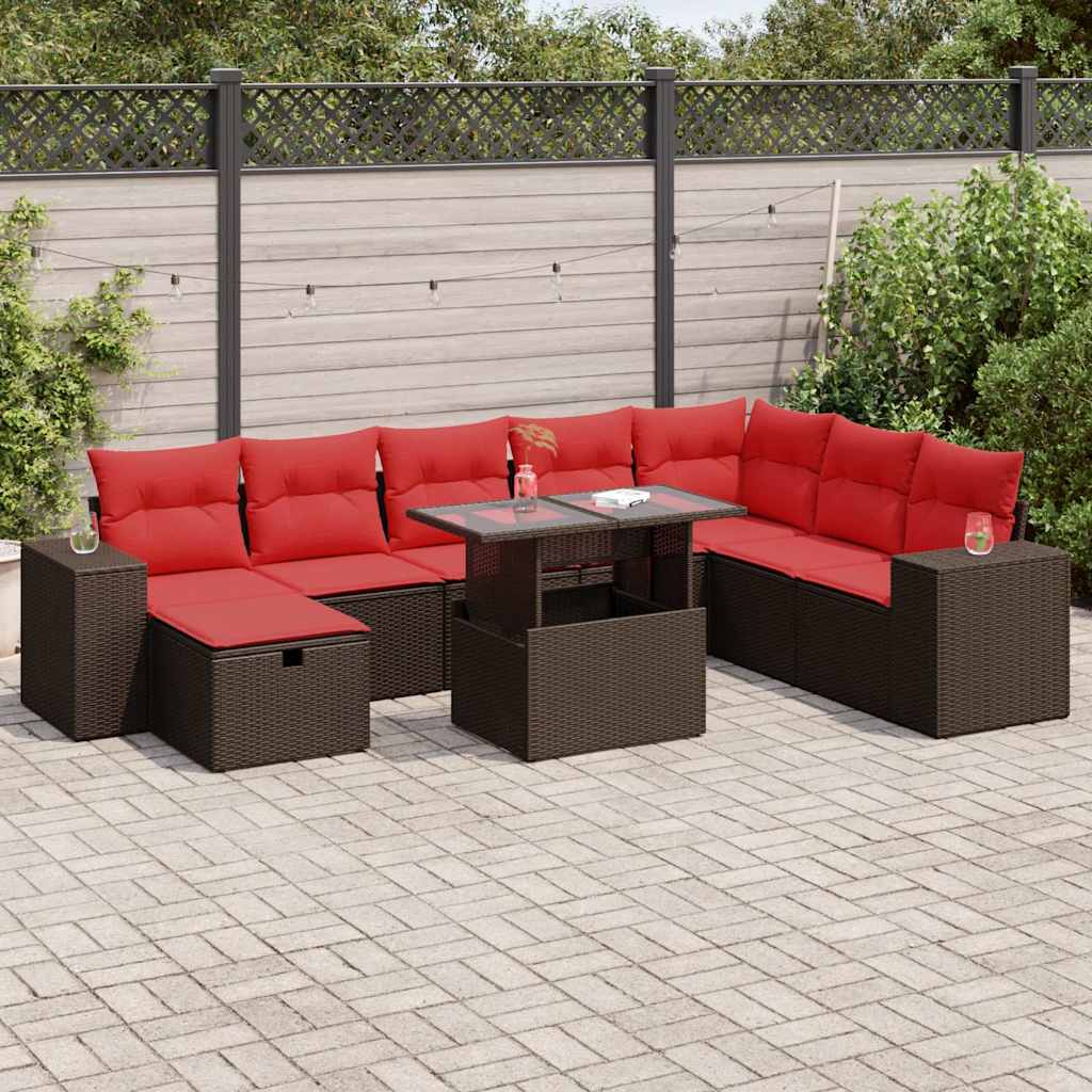9 részes fekete polyrattan akácfa kerti ülőgarnitúra párnákkal