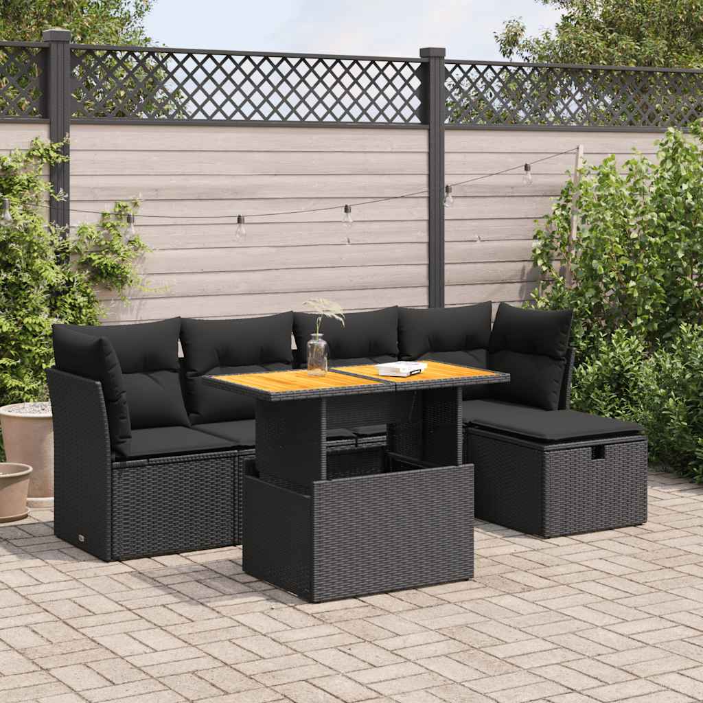 6 részes fekete polyrattan akácfa kerti ülőgarnitúra párnákkal
