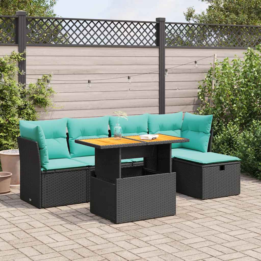 6 részes fekete polyrattan akácfa kerti ülőgarnitúra párnákkal