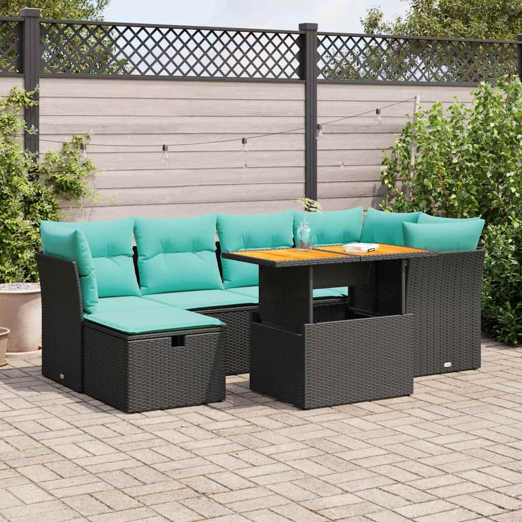 7 részes barna polyrattan akácfa kerti ülőgarnitúra párnákkal