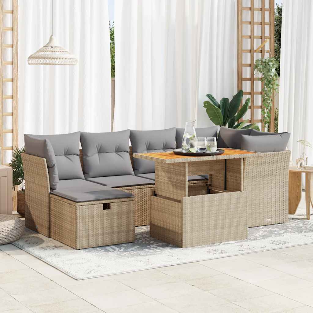 7 részes bézs polyrattan akácfa kerti ülőgarnitúra párnákkal