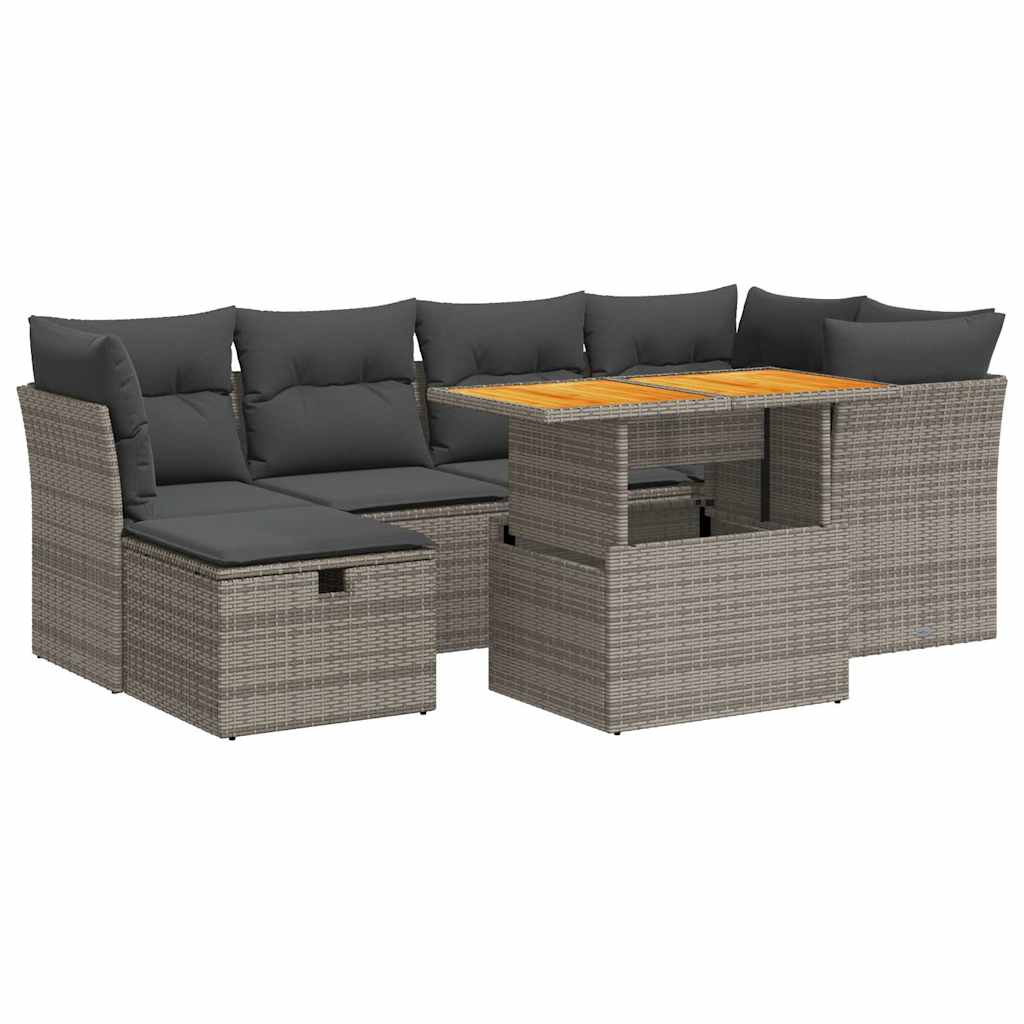 7 részes szürke polyrattan akácfa kerti ülőgarnitúra párnákkal