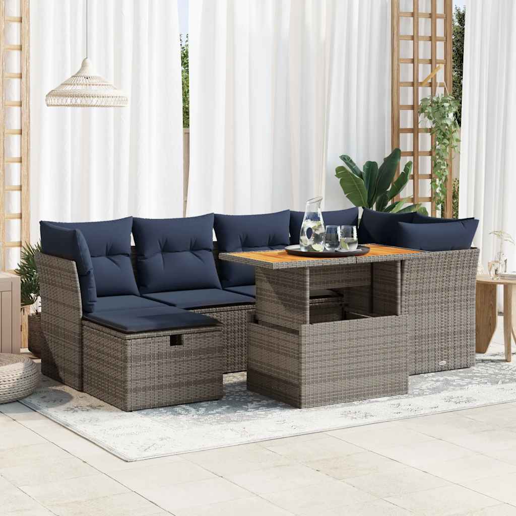 7 részes fekete polyrattan akácfa kerti ülőgarnitúra párnával