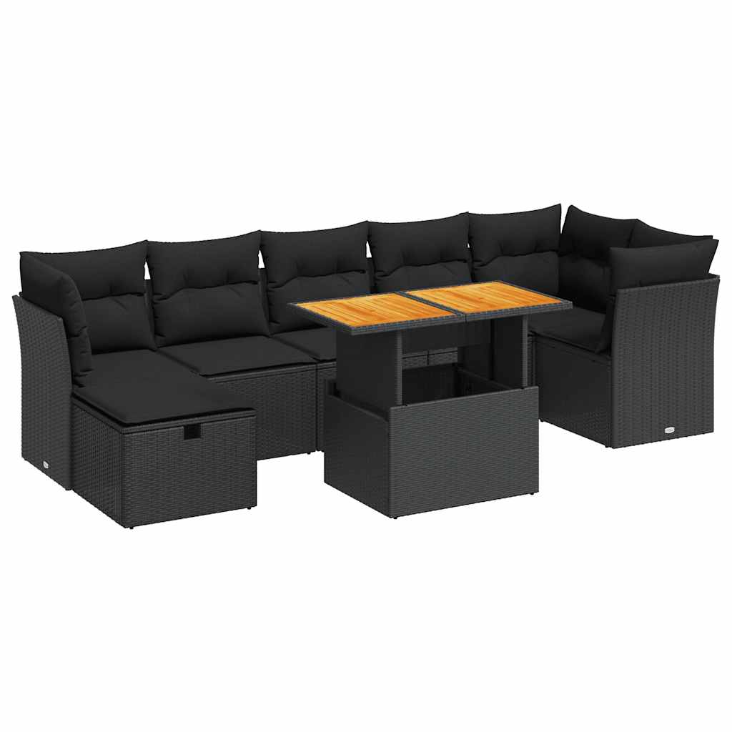 8 részes fekete polyrattan akácfa kerti ülőgarnitúra párnákkal