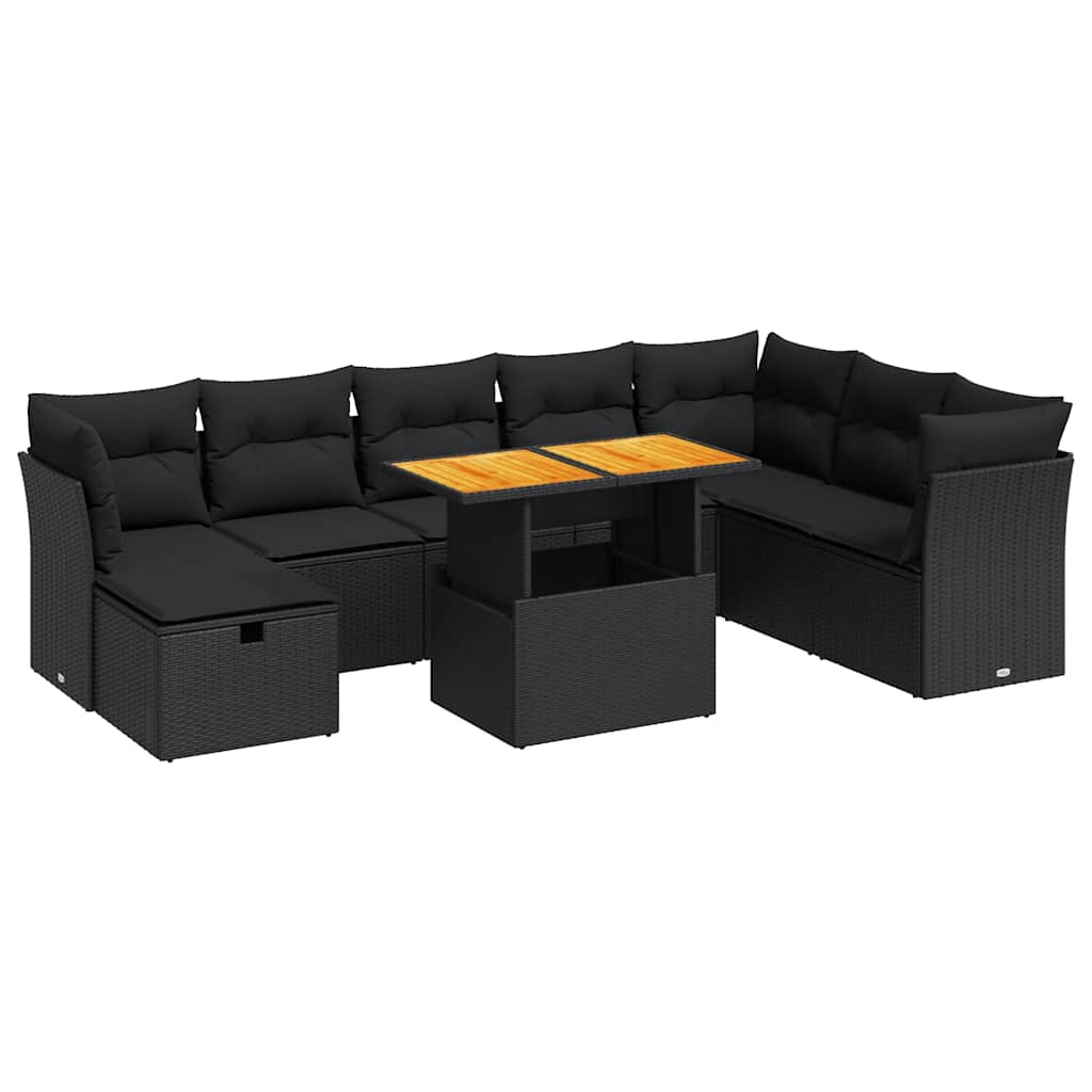 9 részes fekete polyrattan akácfa kerti ülőgarnitúra párnákkal