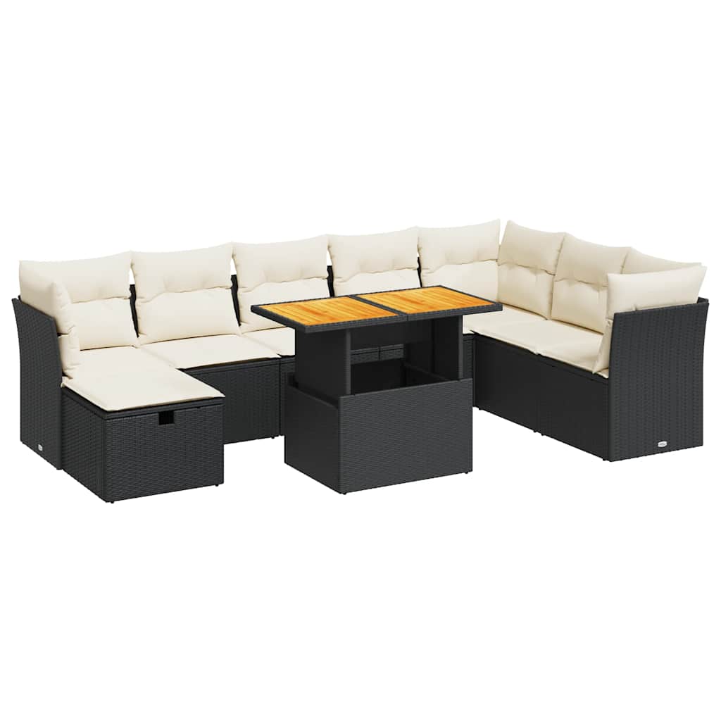 9 részes fekete polyrattan akácfa kerti ülőgarnitúra párnákkal