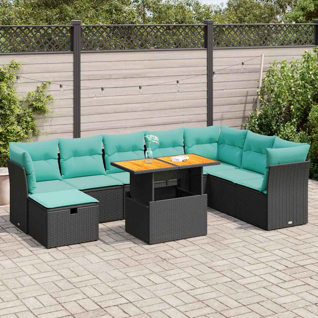 9 részes szürke polyrattan akácfa kerti ülőgarnitúra párnákkal