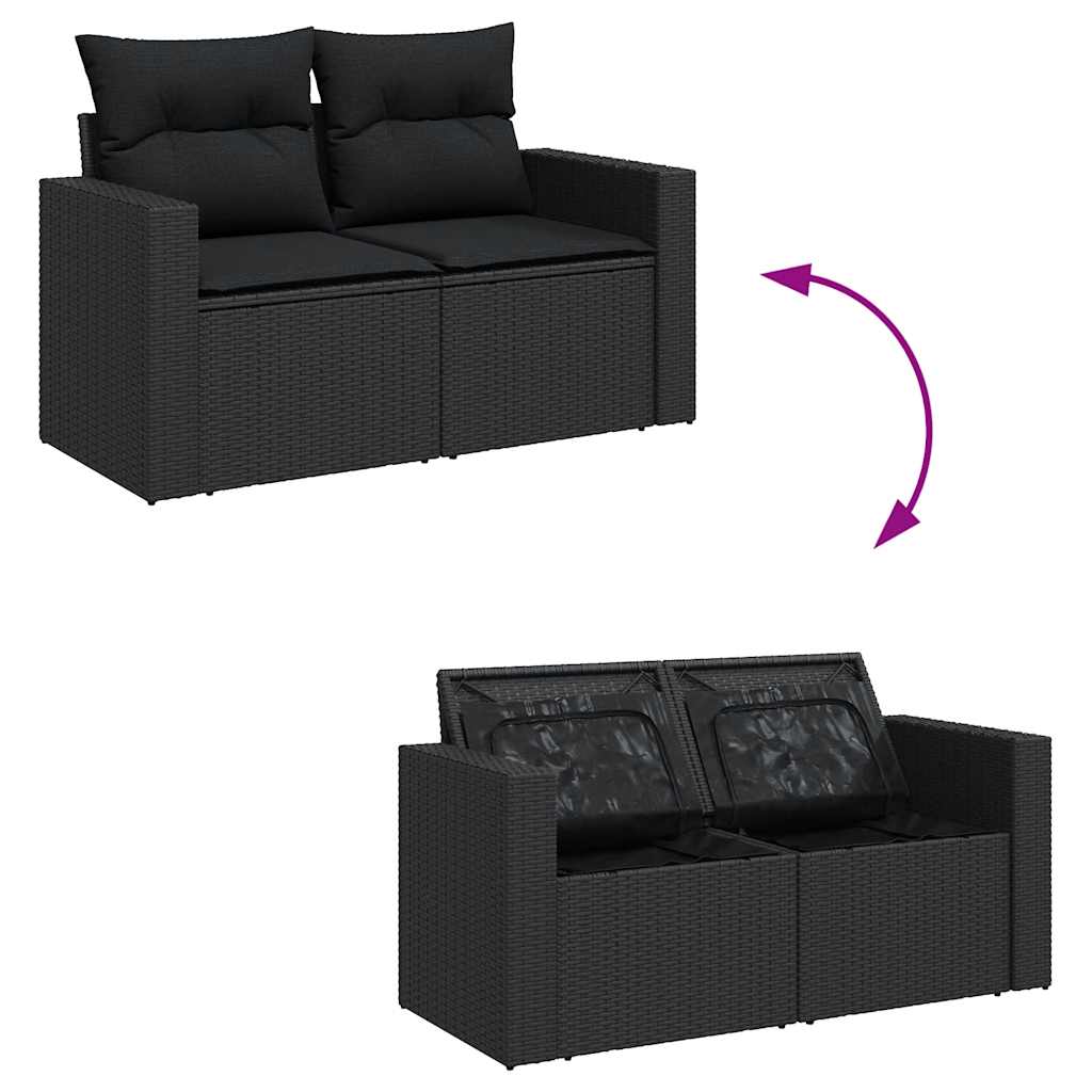 6 részes fekete polyrattan akácfa kerti ülőgarnitúra párnákkal