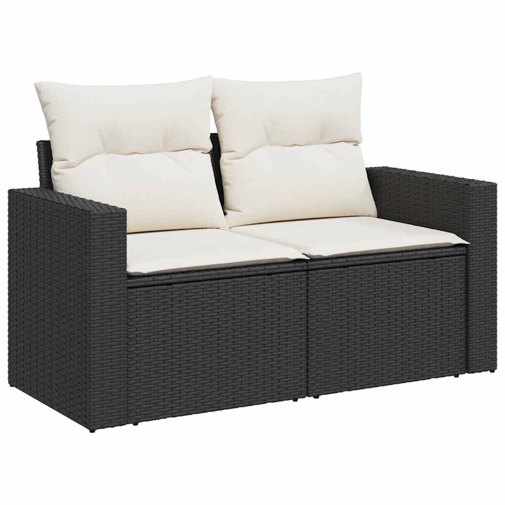 6 részes fekete polyrattan akácfa kerti ülőgarnitúra párnákkal