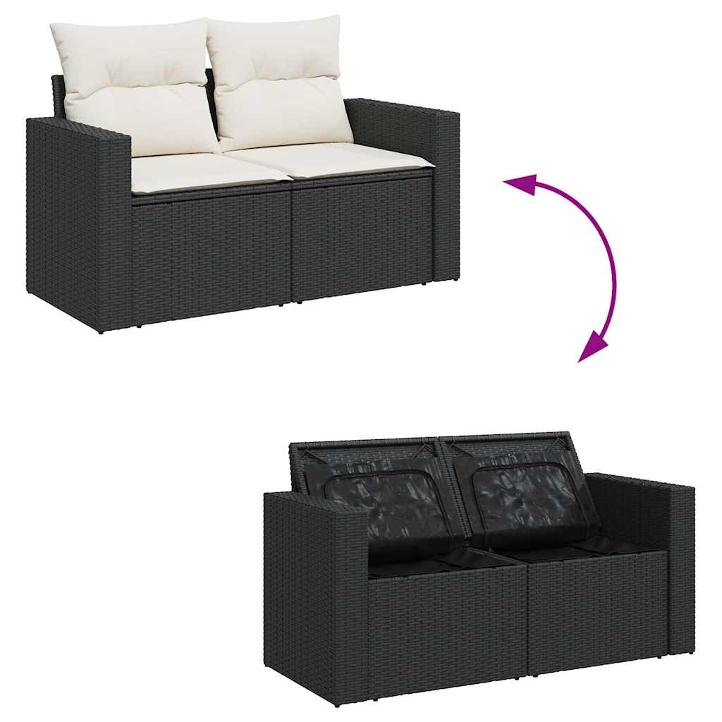 6 részes fekete polyrattan akácfa kerti ülőgarnitúra párnákkal