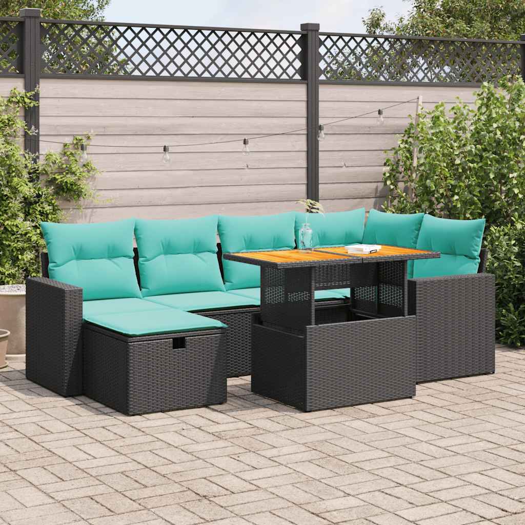 7 részes barna polyrattan akácfa kerti ülőgarnitúra párnákkal