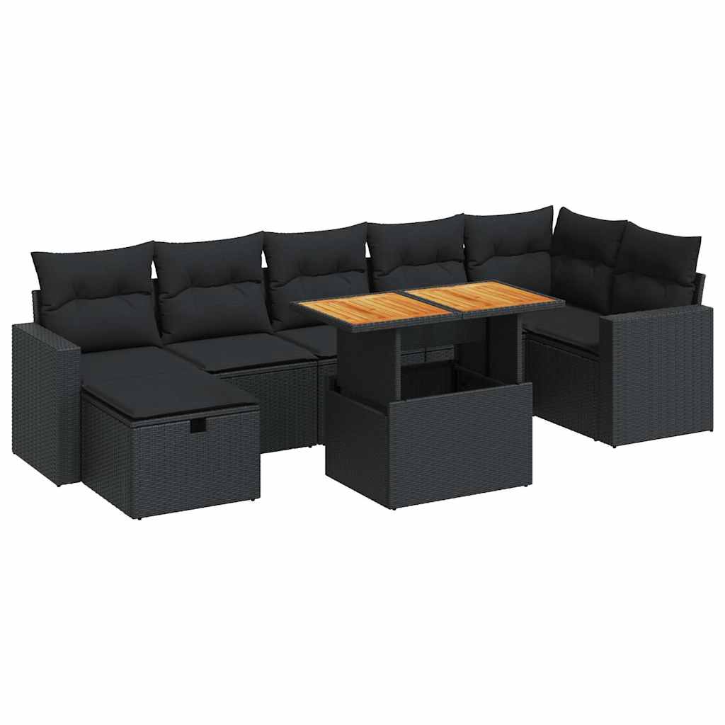 5 részes fekete polyrattan akácfa kerti kanapészett párnákkal