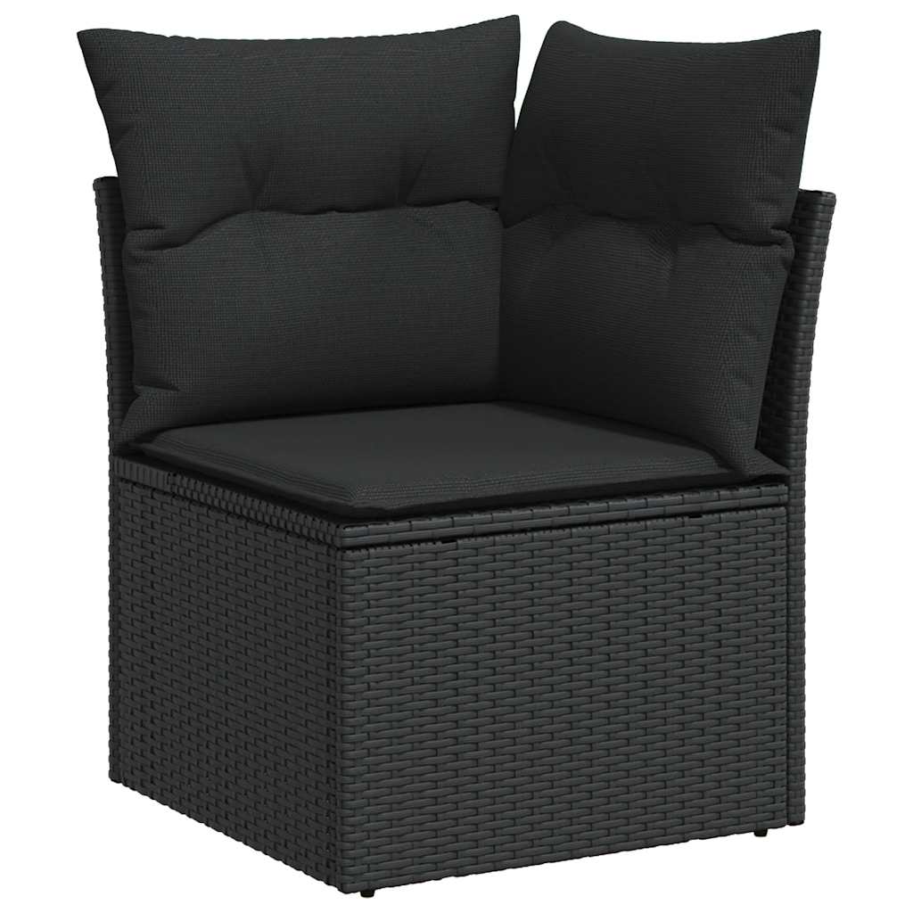 5 részes fekete polyrattan akácfa kerti kanapészett párnákkal