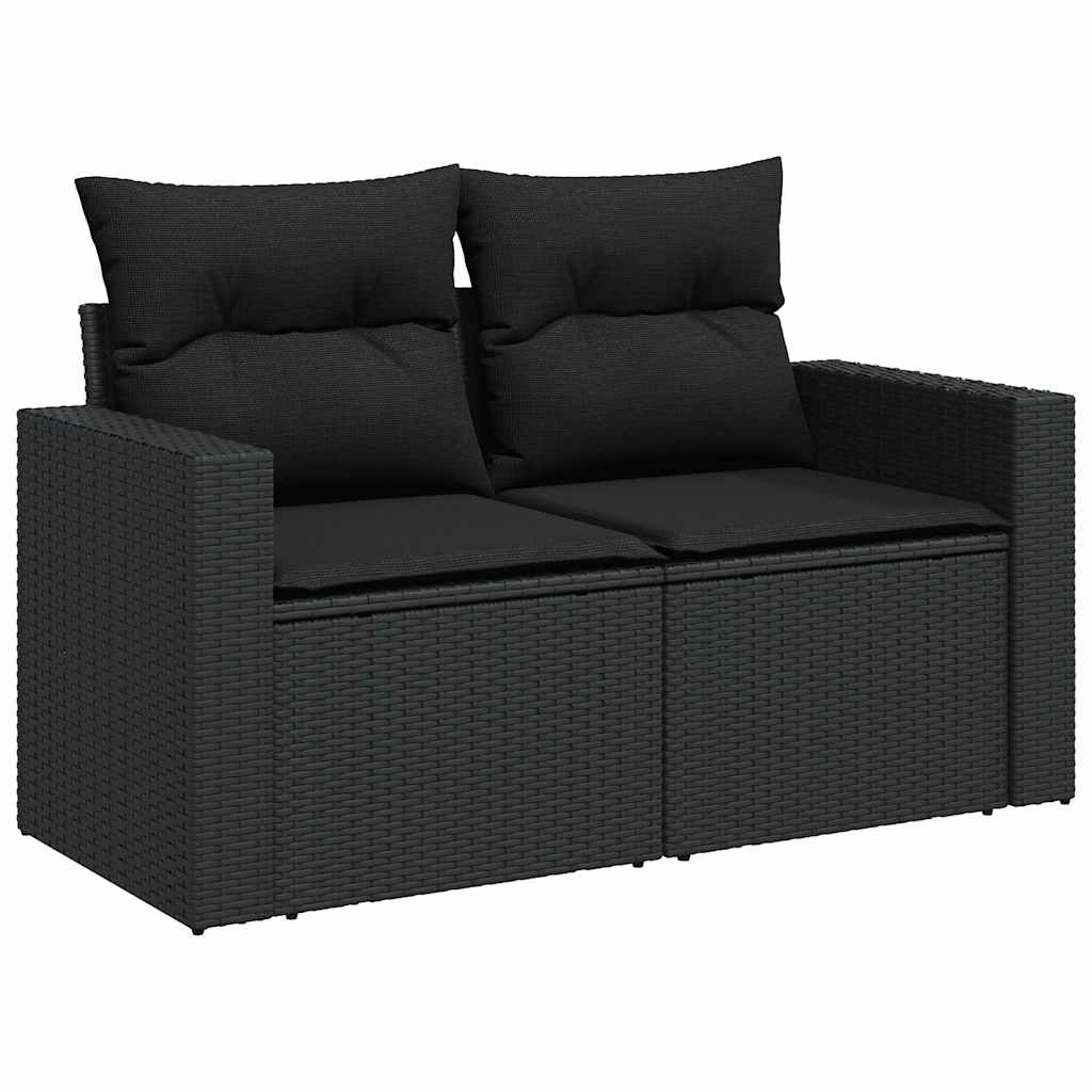5 részes fekete polyrattan akácfa kerti kanapészett párnákkal