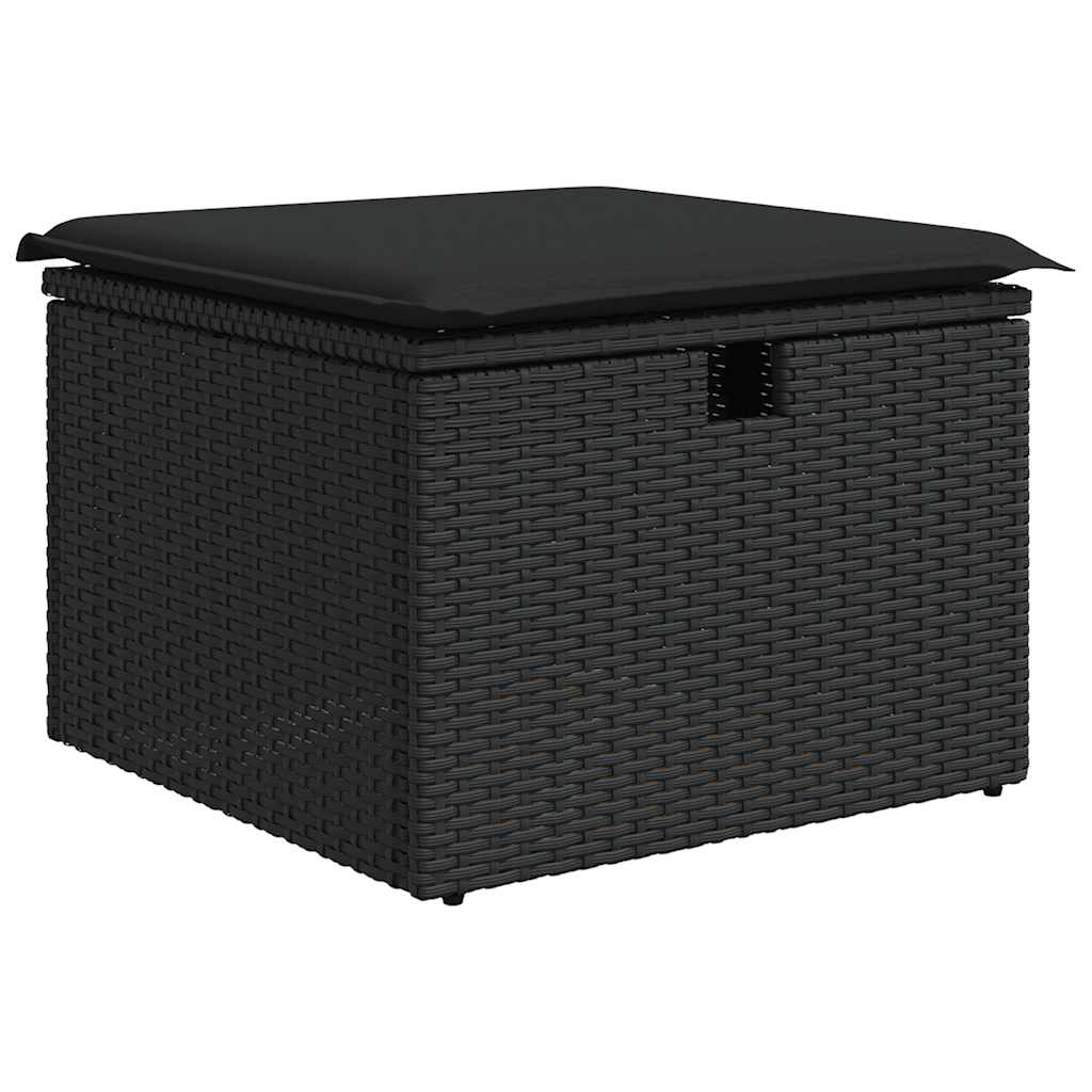 5 részes fekete polyrattan akácfa kerti kanapészett párnákkal